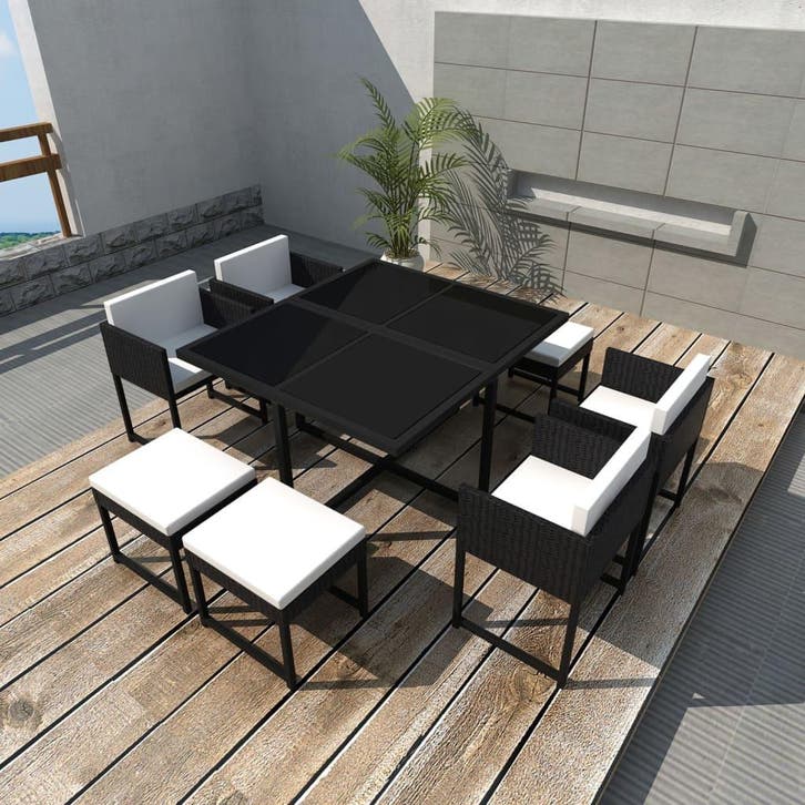 vidaXL 9-delige Tuinset met kussens poly rattan zwart, Tuin en Terras, Tuinsets en Loungesets, Tuinset, Nieuw, Verzenden