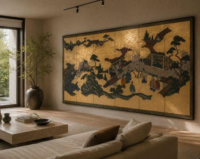 Een Japanse zesluik-bybu uit de Tosa-school met bladgoud,, Antiquités & Art, Antiquités | Autres Antiquités