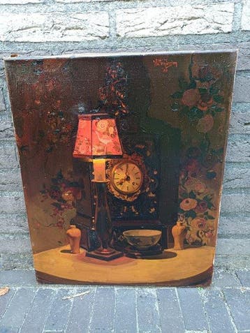 Willem Jansen (1892 -1969) - Stilleven met klok, lamp en, Antiek en Kunst