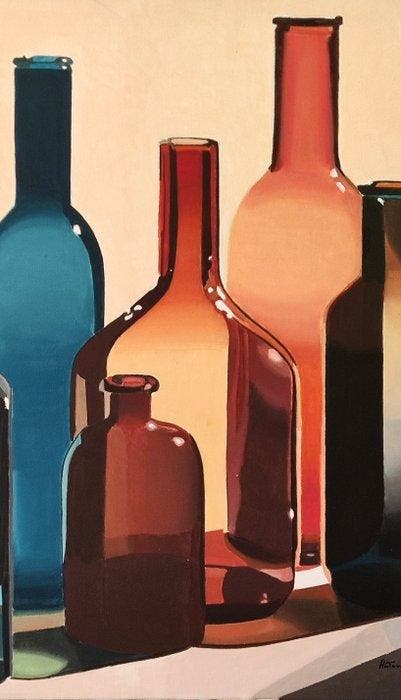 Antonio Perotti - Still Life Bottiglie diverse in vetro, Antiek en Kunst, Kunst | Schilderijen | Modern
