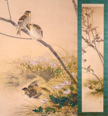 Kakemono japonais avec des fleurs de cerisier et de petits