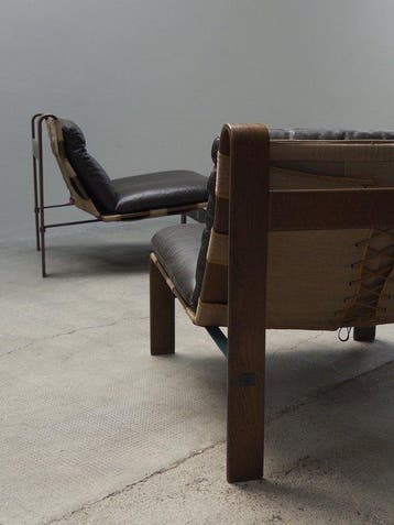 Carl Straub - Fauteuil (2) - Leder, Hout, Canvas