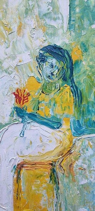 Paulo Akiiki - Zittende vrouw met bloem (Woman holding a