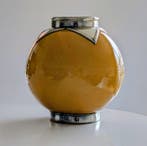 Grand Vase Boule en Céramique Émaillée Jaune Ocre et Monture