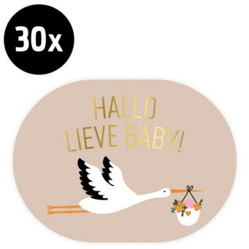 30x Sticker Hallo Lieve Baby - Ooievaar Beige - Sluitsticker, Verzenden