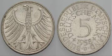 5 duitse Mark 1958 D 5 Mark Kursmunten Bondsrepubliek Dui..., Verzenden