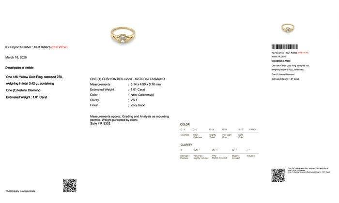 Ring - 18 karaat Geel goud - 1.01ct. tw. Diamant, Bijoux, Sacs & Beauté, Bagues