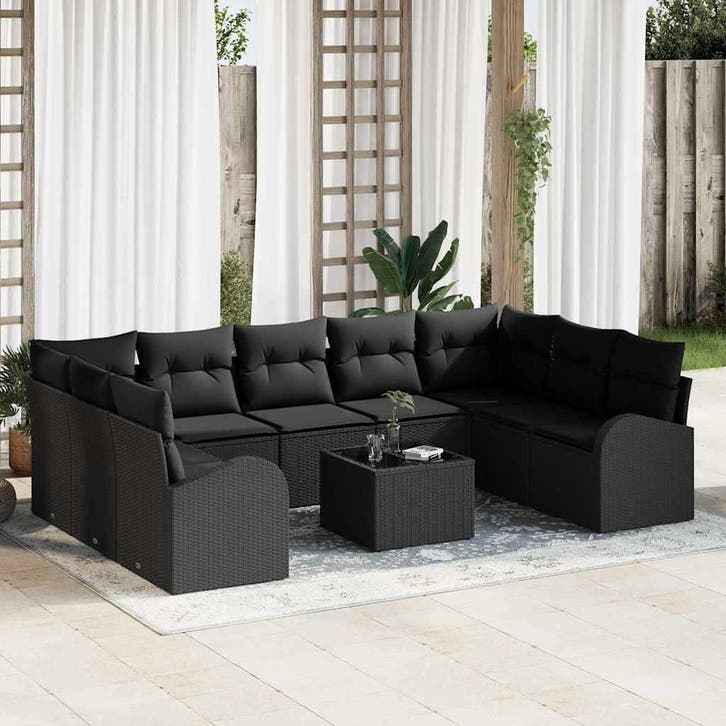 vidaXL Bankstel met kussen 10 pcs Zwart Poly Riet, Jardin & Terrasse, Ensembles de jardin, Envoi