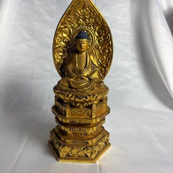 Vintage Japanse houten Shakyamuni Boeddha-beeld, verguld