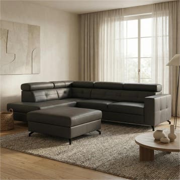 Leren hoekbank Nova - 2.5-zits arm rechts + Longchair arm, 250 tot 300 cm, Bohemian, Industrieel, Modern, Scandinavisch, Nieuw