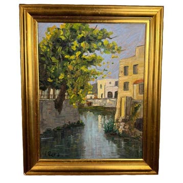 École italienne (XX) - Scorcio di paesello con lago