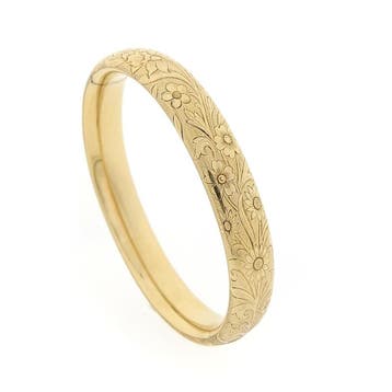 Vintage gouden slavenarmband met gravures; Maat M, Ophalen of Verzenden, Gebruikt, Goud, Goud