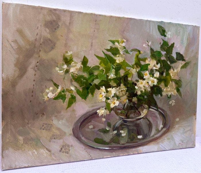 Svetlana Rodionova (1971) - Jasmin dans un Vase Transparent, Antiek en Kunst, Kunst | Schilderijen | Klassiek