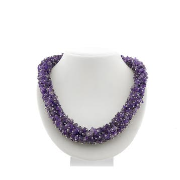 Amethist kralen collier aan zilver (Ketting), Handtassen en Accessoires, Kettingen, Gebruikt, Ophalen of Verzenden, Met edelsteen
