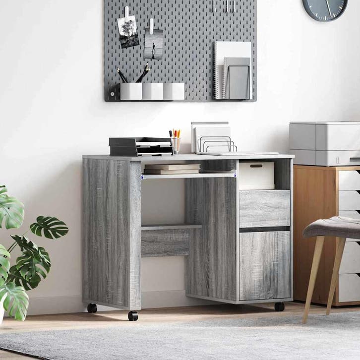 vidaXL Bureau met Wielen Grijs Sonoma 91 x 50 x 77 cm, Huis en Inrichting, Bureaus, Nieuw, Verzenden