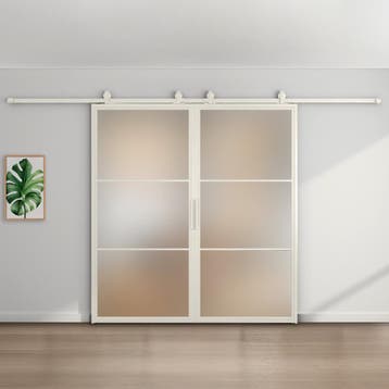 Dubbele stalen schuifdeur - 3 Vlaks - Wit - Mat glas
