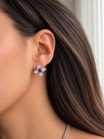 Zonder minimumprijs - Oorbellen Verguld Robijn - Diamant -, Nieuw