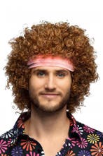 Pruik Afro Bruin Roze Haarband Krullend Disco Seventies Hipp, Kleding | Dames, Ophalen of Verzenden, Nieuw