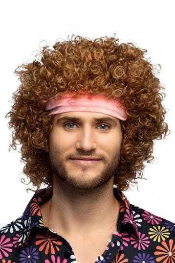 KIMU® Pruik Afro Bruin Roze Haarband Krullend Disco Seventie, Kleding | Dames, Ophalen of Verzenden, Nieuw