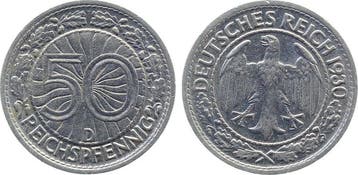 Duitsland 50 Reichspfennig 1930 D vz/stgl J 324, Postzegels en Munten, Munten | Europa | Niet-Euromunten, Verzenden, België