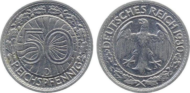 Duitsland 50 Reichspfennig 1930 D vz/stgl J 324, Postzegels en Munten, Munten | Europa | Niet-Euromunten, België, Verzenden