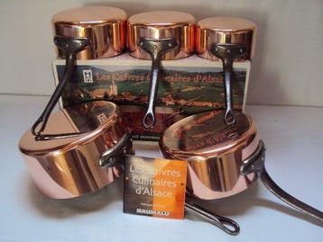 Baumalu 5 casseroles cuivre étamées a la main, Antiquités & Art