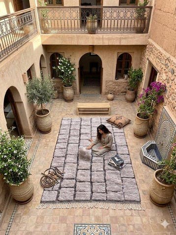 Tapis berbère Mrirt tissé main – Motifs carrés géométriques, Antiquités & Art