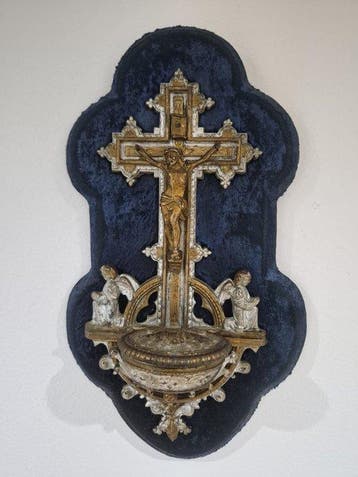 Ancien bénitier mural avec crucifix - 30 cm - Métal, Velours