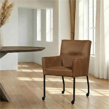 Leren eetkamerstoel met wieltjes en armleuning Lucky -, Huis en Inrichting, Stoelen, Nieuw, Leer, Ophalen of Verzenden, Bruin