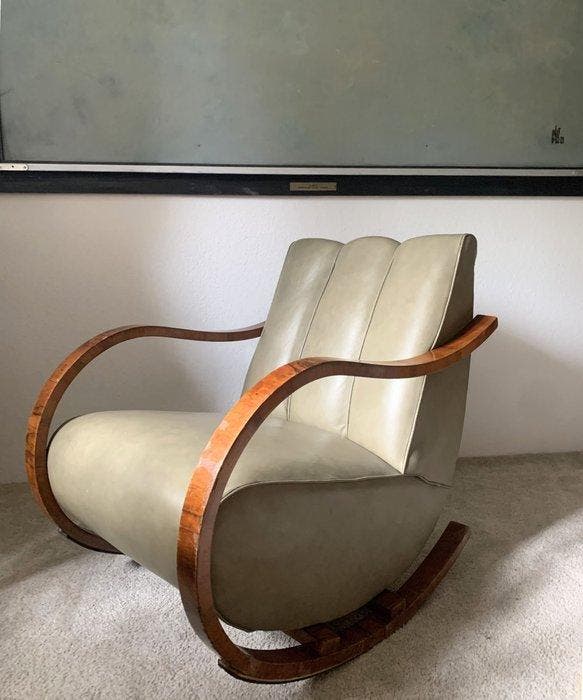 Schommelstoel - Leder, Hout, Antiquités & Art, Antiquités | Meubles | Chaises & Canapés