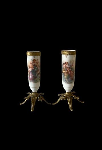 Vase (2) - Porcelaine, Plaqué or - Solifore petits vases à