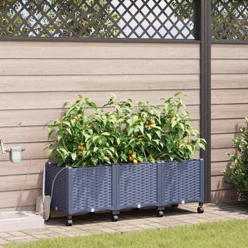 vidaXL Tuin Plantenbak met Irrigatie en Wielen 3 st Grijs PP, Verzenden