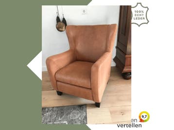 Leren oorfauteuil met houten poten - bruin leer, Huis en Inrichting, Ophalen of Verzenden, Nieuw