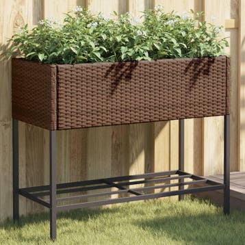 vidaXL Plantenbak met schap poly rattan bruin, Verzenden, Nieuw