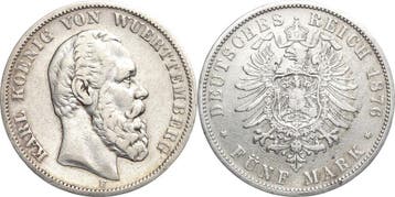 5 Mark 1876 Wuerttemberg Karl 1864-1891, Postzegels en Munten, Verzenden, België