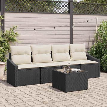 vidaXL Bankstel 5 st Zwart en Crème poly rattan, Verzenden