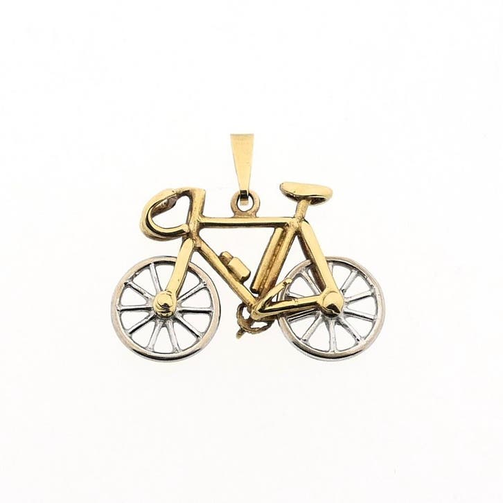 Bicolor gouden hanger van een wielrenfiets (Hanger of bedel), Handtassen en Accessoires, Bedels, Gebruikt, Overige merken, Goud