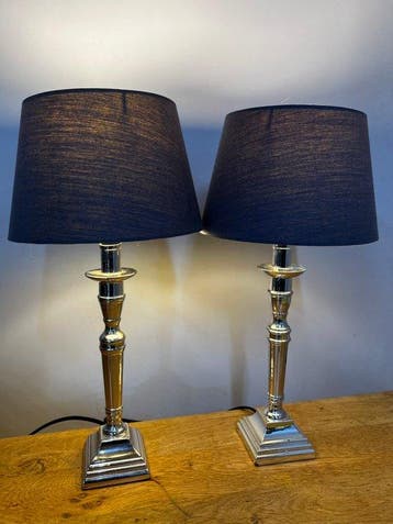 Tafellamp (2) - Zilverlook tafel lampjes met blauwe kapjes -