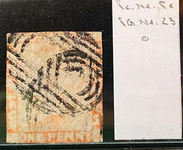 Mauritius - 1 P. Victoria rood op blauwachtig papier, Gestempeld