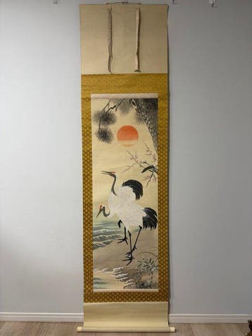 Belle Longévité, peinture porte-bonheur avec des grues, Antiquités & Art
