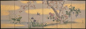Paravent japonais bybu à six panneaux en poussière d’or,, Antiquités & Art