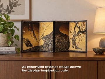 Paravent Bybu - Papier, fond doré, décoration imprimée -, Antiek en Kunst