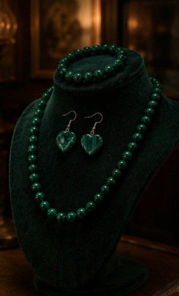 Ensemble luxueux en malachite — collier, bracelet et boucles