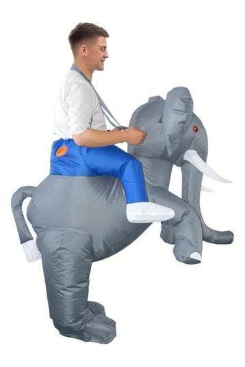 KIMU® Opblaas Kostuum Zittend Op Olifant Opblaasbaar Pak Oli, Ophalen of Verzenden, Nieuw