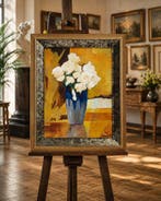 École française (XX) - Roses blanches dans un vase bleu, Antiek en Kunst