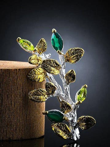 Onyx - Zilver - Broche - Botanische elegantie, Antiek en Kunst