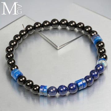 Elastische armband met zwarte onyx, lapis lazuli-kralen en, Antiek en Kunst
