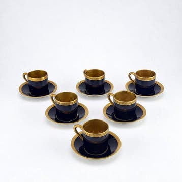 Limoges - Drinkservies (6) - Kobaltblauw & Verguld Porselein