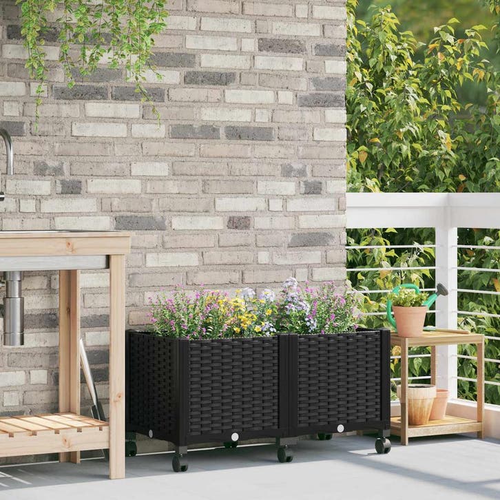 vidaXL Tuin planter met wielen Zwart 80 x 40 x 44 cm PP, Tuin en Terras, Bloempotten, Nieuw, Verzenden