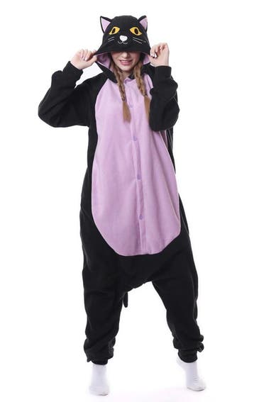KIMU® Onesie Zwarte Kat Paars Poes Pak XS-S of 152-158 Poeze, Ophalen of Verzenden